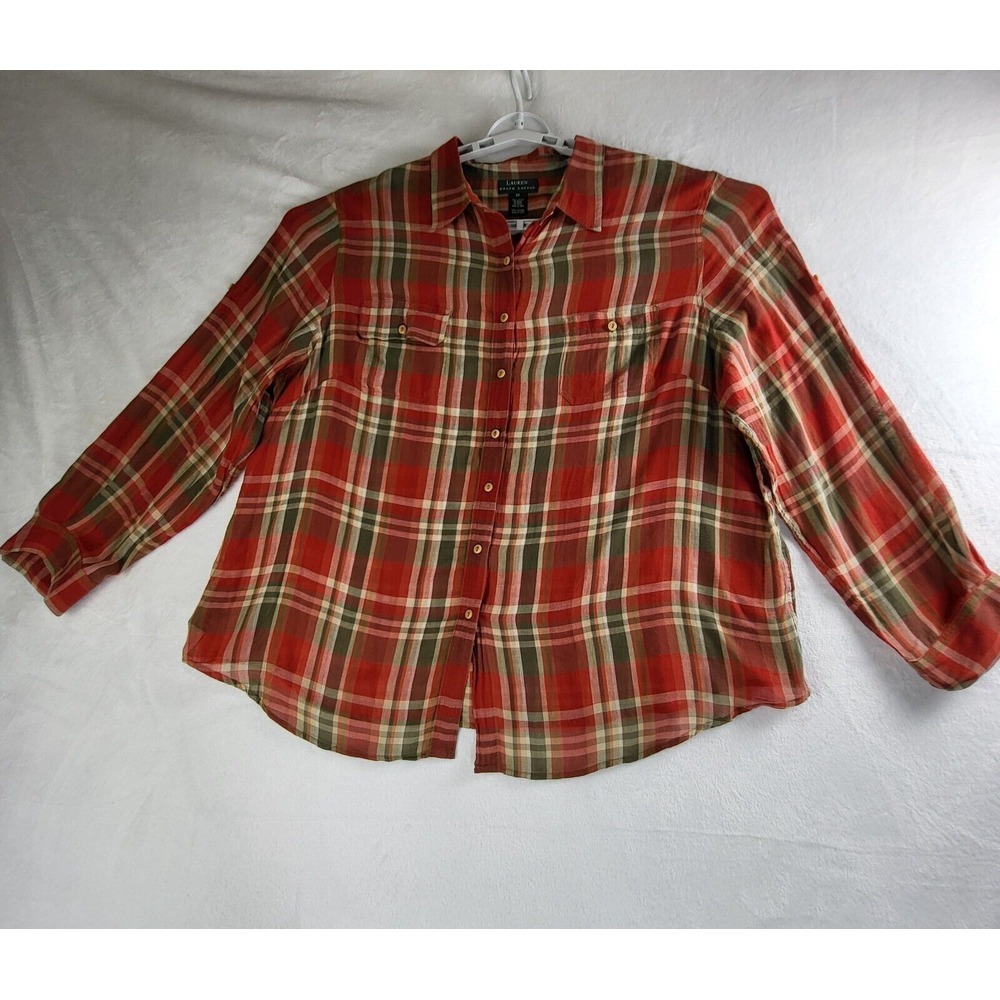 Vtg Lauren Ralph Lauren Plaid Cotton Multicolored Lightweight Button Up Shirt 3X
